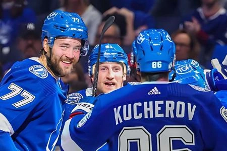 Victor Hedman with Lightning teammates Steven Stamkos and Nikita Kucherov.