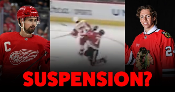 Detroit Red Wings' Dylan Larkin and Chicago Blackhawks' AJ Spellacy