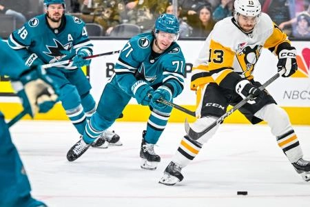 Nikolai Knyzhov with the San Jose Sharks playing against the Pittsburgh Penguins