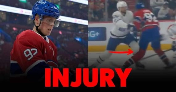 Patrik Laine being injured during a preseason game against the Toronto Maple Leafs