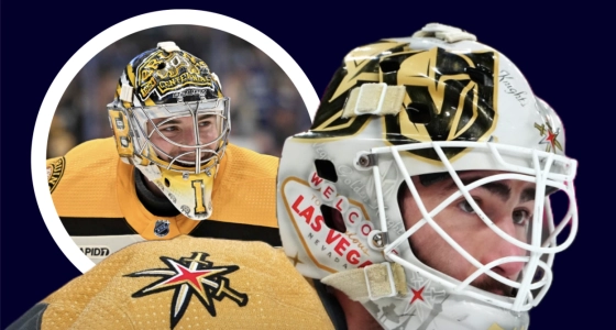 Jeremy Swayman of the Boston Bruins (left). Jiri Patera with the Vegas Golden Knights (right).
