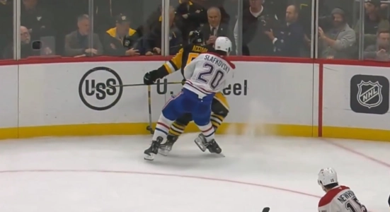 Pittsburgh's Noel Acciari hits Montreal Juraj Slafkovsky
