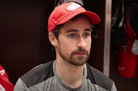 Detroit Red Wings captain Dylan Larkin speaking to the media after a game