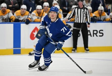 Dec 4, 2024; Toronto, Ontario, CAN; Toronto Maple Leafs forward Nikita Grebenkin (71) pursues the play against the Nashville Predators in the third period at Scotiabank Arena. Mandatory Credit: Dan Hamilton-Imagn Images