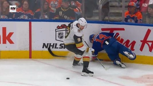 Vegas Golden Knights forward Jack Eichel landing a dangerous hit to Edmonton Oilers defenseman Mattias Ekholm.