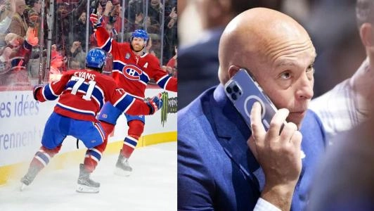 Jake Evans et Mike Matheson, du Canadien de Montral - Kent Hughes au tlphone