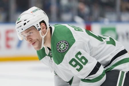 Mar 9, 2025; Vancouver, British Columbia, CAN; Dallas Stars forward Mikko Rantanen (96) during a stop in play against the Vancouver Canucks in the first period at Rogers Arena. Mandatory Credit: Bob Frid-Imagn Images