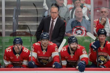 Mar 1, 2025; Sunrise, Florida, USA; Florida Panthers head coach Paul Maurice looks on from the bench against the Calgary Flames during the second period at Amerant Bank Arena. Mandatory Credit: Sam Navarro-Imagn Images