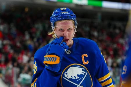 Feb 27, 2025; Raleigh, North Carolina, USA; Buffalo Sabres defenseman Rasmus Dahlin (26) comes off the ice after their loss to the Carolina Hurricanes at Lenovo Center. Mandatory Credit: James Guillory-Imagn Images