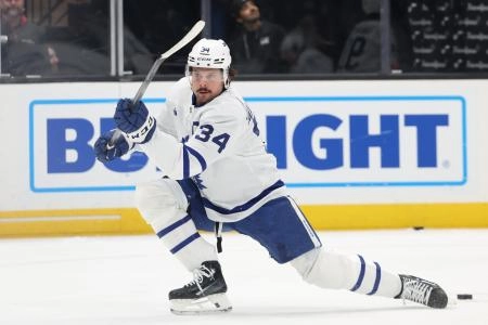 Mar 10, 2025; Salt Lake City, Utah, USA; Toronto Maple Leafs center Auston Matthews (34) warms up before a game against the before the game against the Utah Hockey Club at Delta Center. Mandatory Credit: Rob Gray-Imagn Images