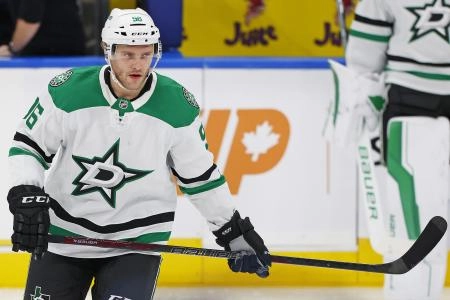 Mar 8, 2025; Edmonton, Alberta, CAN; Dallas Stars forward forward Mikko Rantanen (96) skates during warmup against the Edmonton Oilers at Rogers Place. Mandatory Credit: Perry Nelson-Imagn Images