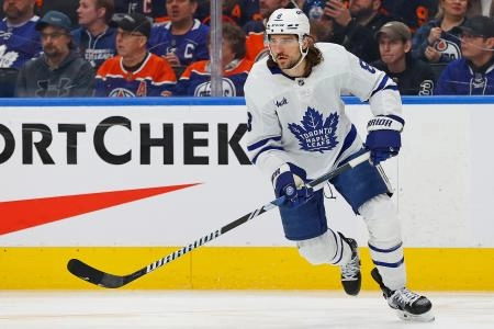 Feb 1, 2025; Edmonton, Alberta, CAN; Toronto Maple Leafs defensemen Chris Tanev (8) follows the play against the Edmonton Oilers at Rogers Place. Mandatory Credit: Perry Nelson-Imagn Images