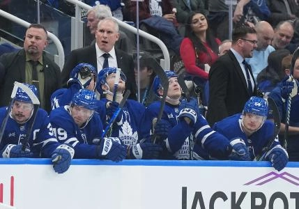 Mar 13, 2025; Toronto, Ontario, CAN; Toronto Maple Leafs head coach Craig Berube watches the play against the Florida Panthers during the third period at Scotiabank Arena. Mandatory Credit: Nick Turchiaro-Imagn Images