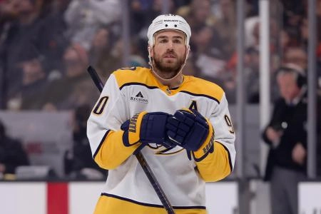 Mar 14, 2025; Anaheim, California, USA; Nashville Predators center Ryan O'Reilly (90) skates against the Anaheim Ducks during the third period at Honda Center. Mandatory Credit: Ryan Sun-Imagn Images