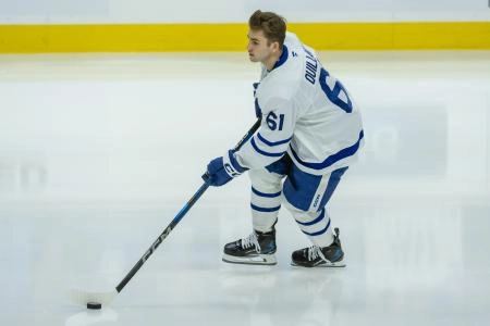 Jan 25, 2025; Ottawa, Ontario, CAN; Toronto Maple Leafs center Jacob Quillan (61) skates on his own during warmup prior to his first NHL game to be played against Ottawa Senators at the Canadian Tire Centre. Mandatory Credit: Marc DesRosiers-Imagn Images