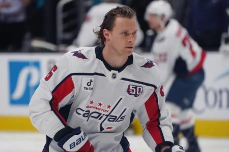 Mar 15, 2025; San Jose, California, USA; Washington Capitals defenseman Jakob Chychrun (6) takes the ice for warmups against the San Jose Sharks at SAP Center at San Jose. Mandatory Credit: David Gonzales-Imagn Images