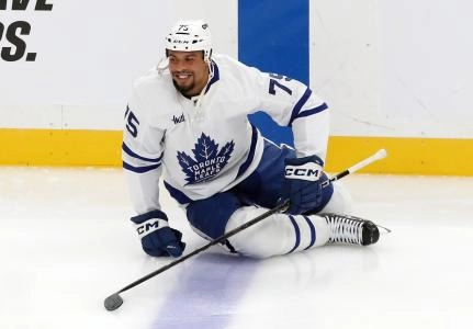 Dec 7, 2024; Pittsburgh, Pennsylvania, USA; Toronto Maple Leafs right wing Ryan Reaves (75) warms up before playing the Pittsburgh Penguins at PPG Paints Arena. Mandatory Credit: Charles LeClaire-Imagn Images