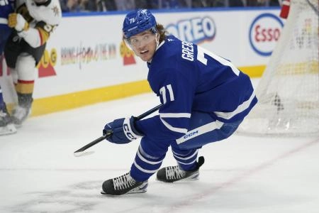 Nov 20, 2024; Toronto, Ontario, CAN; Toronto Maple Leafs forward Nikita Grebenkin (71) skates against the Vegas Golden Knights during the second period at Scotiabank Arena. Mandatory Credit: John E. Sokolowski-Imagn Images