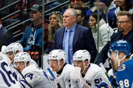Mar 8, 2025; Denver, Colorado, USA; Toronto Maple Leafs head coach Craig Berube looks on in the first period against the Colorado Avalanche at Ball Arena. Mandatory Credit: Isaiah J. Downing-Imagn Images