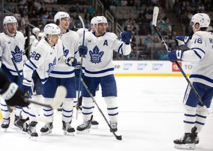 Mar 27, 2025; San Jose, California, USA; Toronto Maple Leafs players celebrate a game-tying goal by right wing William Nylander (88) against the San Jose Sharks during the third period at SAP Center at San Jose. Mandatory Credit: D. Ross Cameron-Imagn Images