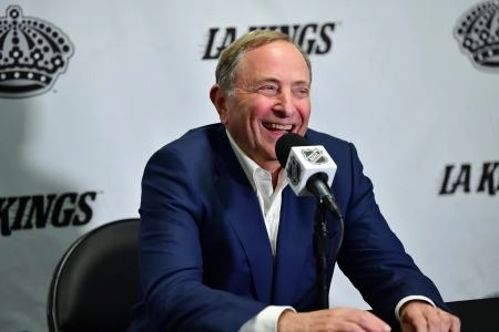 Feb 22, 2025; Los Angeles, California, USA; NHL commissioner Gary Bettman speaks during media availabilities before the Los Angeles Kings play against the Utah Hockey Club at Crypto.com Arena. Mandatory Credit: Gary A. Vasquez-Imagn Images