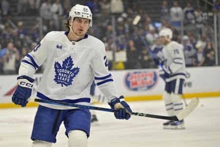 Mar 29, 2025; Los Angeles, California, USA; Toronto Maple Leafs left wing Matthew Knies (23) warms up prior to the game against the Los Angeles Kings at Crypto.com Arena. Mandatory Credit: Jayne Kamin-Oncea-Imagn Images
