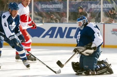 Dec 31, 2013; Detroit, MI, USA; Toronto Maple Leafs former goalie Mark Laforest (1) makes a save during the Alumni Showdown against the Detroit Red Wings as part of the Winter Classic at Comerica Park. Mandatory Credit: Tim Fuller-Imagn Images