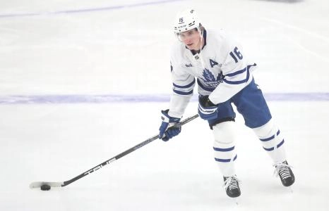 Pittsburgh, Pennsylvania, USA; Toronto Maple Leafs right wing Mitch Marner (16) warms up against the Pittsburgh Penguins at PPG Paints Arena.