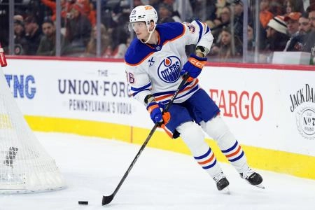 Feb 22, 2025; Philadelphia, Pennsylvania, USA; Edmonton Oilers defenseman John Klingberg (36) controls the puck against the Philadelphia Flyers in the first period at Wells Fargo Center. Mandatory Credit: Kyle Ross-Imagn Images