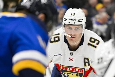 Feb 6, 2025; St. Louis, Missouri, USA; Florida Panthers left wing Matthew Tkachuk (19) looks on during the first period against the St. Louis Blues at Enterprise Center. Mandatory Credit: Jeff Curry-Imagn Images