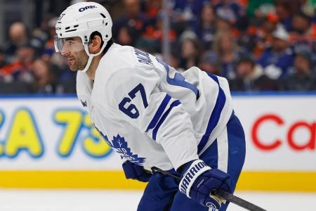 Feb 1, 2025; Edmonton, Alberta, CAN; Toronto Maple Leafs forward Max Pacioretty (67) waits for the play to begin against the Edmonton Oilers at Rogers Place. Mandatory Credit: Perry Nelson-Imagn Images