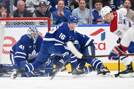 Apr 12, 2025; Toronto, Ontario, CAN; Toronto Maple Leafs forward Mitch Marner (16) follows the puck after blocking a shot against the Montreal Canadiens in the first period at Scotiabank Arena. Mandatory Credit: Dan Hamilton-Imagn Images