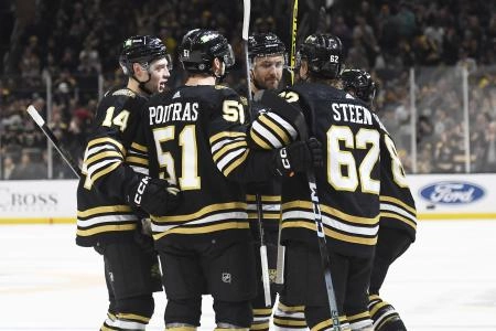 pDec 9, 2023; Boston, Massachusetts, USA; Boston Bruins defenseman Ian Mitchell (14) center Matthew Poitras (51) center Oskar Steen (62) and defenseman Kevin Shattenkirk (12) celebrate after a goal by right wing David Pastrnak (88) against the Arizona Coyotes during the first period at TD Garden. Mandatory Credit: Bob DeChiara-Imagn Images