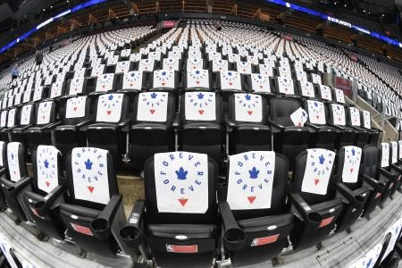 Toronto, Ontario, CAN; Towels are draped across seats before the doors open as the Toronto Maple Leafs host the Boston Bruins in game six of the first round of the 2024 Stanley Cup Playoffs at Scotiabank Arena.