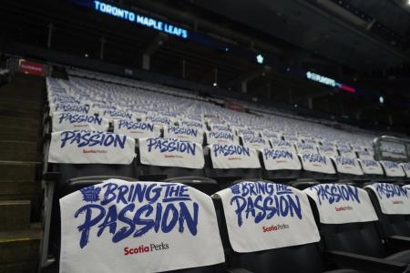 Apr 20, 2025; Toronto, Ontario, CAN; Towels place on the seats before the start of game one of the first round of the 2025 Stanley Cup Playoffs between the Ottawa Senators and Toronto Maple Leafs at Scotiabank Arena. Mandatory Credit: John E. Sokolowski-Imagn Images