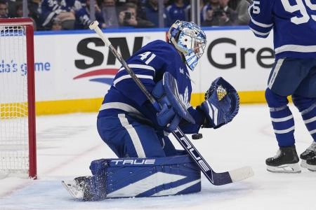 Apr 20, 2025; Toronto, Ontario, CAN; Toronto Maple Leafs goaltender Anthony Stolarz (41) makes a save against the Ottawa Senators during the second period of game one of the first round of the 2025 Stanley Cup Playoffs at Scotiabank Arena. Mandatory Credit: John E. Sokolowski-Imagn Images