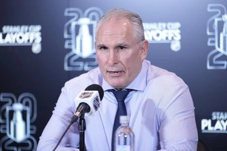 Apr 20, 2025; Toronto, Ontario, CAN; Toronto Maple Leafs head coach Craig Berube answers a question from the media following game one of the first round of the 2025 Stanley Cup Playoffs against the Ottawa Senators at Scotiabank Arena. Mandatory Credit: John E. Sokolowski-Imagn Images