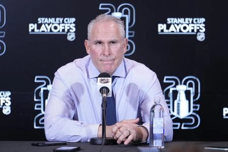 Apr 20, 2025; Toronto, Ontario, CAN; Toronto Maple Leafs head coach Craig Berube listens to a question from the media following game one of the first round of the 2025 Stanley Cup Playoffs against the Ottawa Senators at Scotiabank Arena. Mandatory Credit: John E. Sokolowski-Imagn Images
