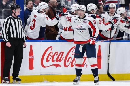 Apr 15, 2025; Elmont, New York, USA; Washington Capitals center Dylan Strome (17) celebrates with teammates after scoring his second goal of the game during the second period against the New York Islanders at UBS Arena. Mandatory Credit: John Jones-Imagn Images