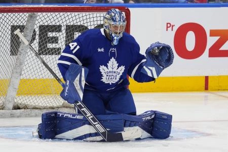 Apr 20, 2025; Toronto, Ontario, CAN; Toronto Maple Leafs goaltender Anthony Stolarz (41) makes a glove save during warm up before the start of game one of the first round of the 2025 Stanley Cup Playoffs against the Ottawa Senators at Scotiabank Arena. Mandatory Credit: John E. Sokolowski-Imagn Images