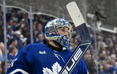 Apr 22, 2025; Toronto, Ontario, CAN; Toronto Maple Leafs goalie Anthony Stolarz (41) skates during a time out against the Ottawa Senators in the second period in game two of the first round of the 2025 Stanley Cup Playoffs at Scotiabank Arena. Mandatory Credit: Dan Hamilton-Imagn Images
