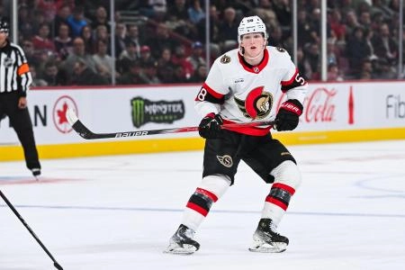 Montreal, Quebec, CAN; Ottawa Senators defenseman Carter Yakemchuk (58) tracks the play against the Montreal Canadiens during the third period at Bell Centre.