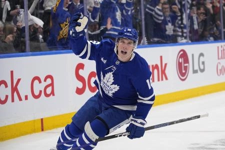 Apr 20, 2025; Toronto, Ontario, CAN; Toronto Maple Leafs forward Mitch Marner (16) reacts after scoring against the Ottawa Senators during the first period of game one of the first round of the 2025 Stanley Cup Playoffs at Scotiabank Arena. Mandatory Credit: John E. Sokolowski-Imagn Images
