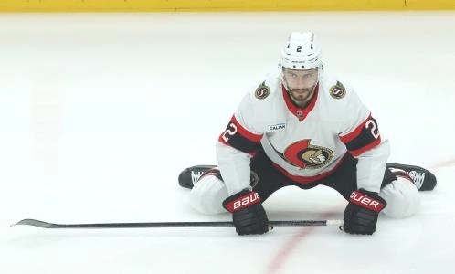 Mar 30, 2025; Pittsburgh, Pennsylvania, USA; Ottawa Senators defenseman Artem Zub (2) warms up before the game against the Pittsburgh Penguins at PPG Paints Arena. Mandatory Credit: Charles LeClaire-Imagn Images