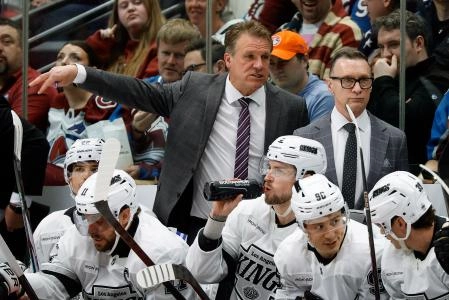 Mar 27, 2025; Denver, Colorado, USA; Los Angeles Kings head coach Jim Hiller in the first period against the Los Angeles Kings at Ball Arena. Mandatory Credit: Isaiah J. Downing-Imagn Images
