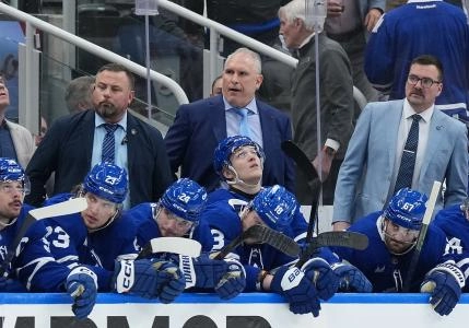 Apr 29, 2025; Toronto, Ontario, CAN; Toronto Maple Leafs head coach Craig Berube watches play against the Ottawa Senators in the third period during game five of the first round of the 2025 Stanley Cup Playoffs at Scotiabank Arena. Mandatory Credit: Nick Turchiaro-Imagn Images