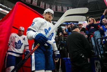 Apr 13, 2025; Raleigh, North Carolina, USA; Toronto Maple Leafs right wing William Nylander (88) goes out to the warmups before the game against the Carolina Hurricanes at Lenovo Center.