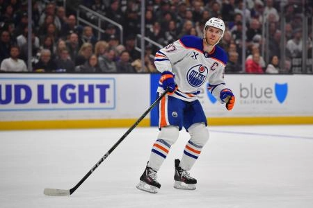 Apr 29, 2025; Los Angeles, California, USA; Edmonton Oilers center Connor McDavid (97) in action against the Los Angeles Kings during the first period in game five of the first round of the 2025 Stanley Cup Playoffs at Crypto.com Arena. Mandatory Credit: Gary A. Vasquez-Imagn Images