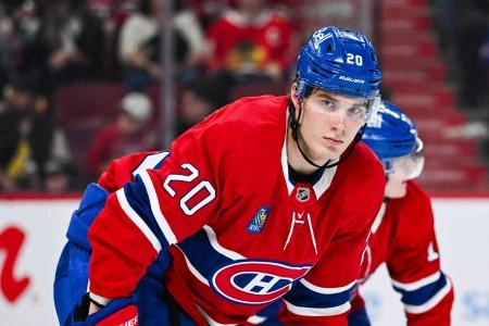 Apr 14, 2025; Montreal, Quebec, CAN; Montreal Canadiens left wing Juraj Slafkovsky (20) looks on against the Chicago Blackhawks in the third period at Bell Centre. Mandatory Credit: David Kirouac-Imagn Images