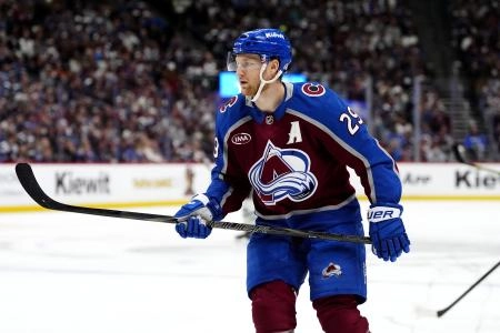 May 1, 2025; Denver, Colorado, USA; Colorado Avalanche center Nathan MacKinnon (29) during the first period against the Dallas Stars in game six of the first round of the 2025 Stanley Cup Playoffs at Ball Arena. Mandatory Credit: Ron Chenoy-Imagn Images
